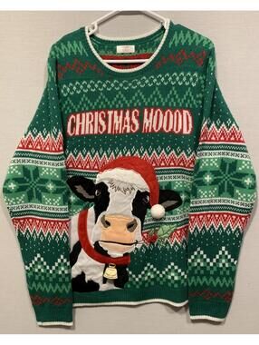 Holiday Time Cow With Christmas Hat Ugly Sweater Real Cow Bell Medium 38-40 P81